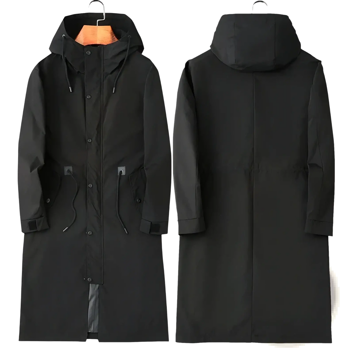 Men hooded trench coat in black with button front drawstring pockets and adjustable cuffs for casual spring wear