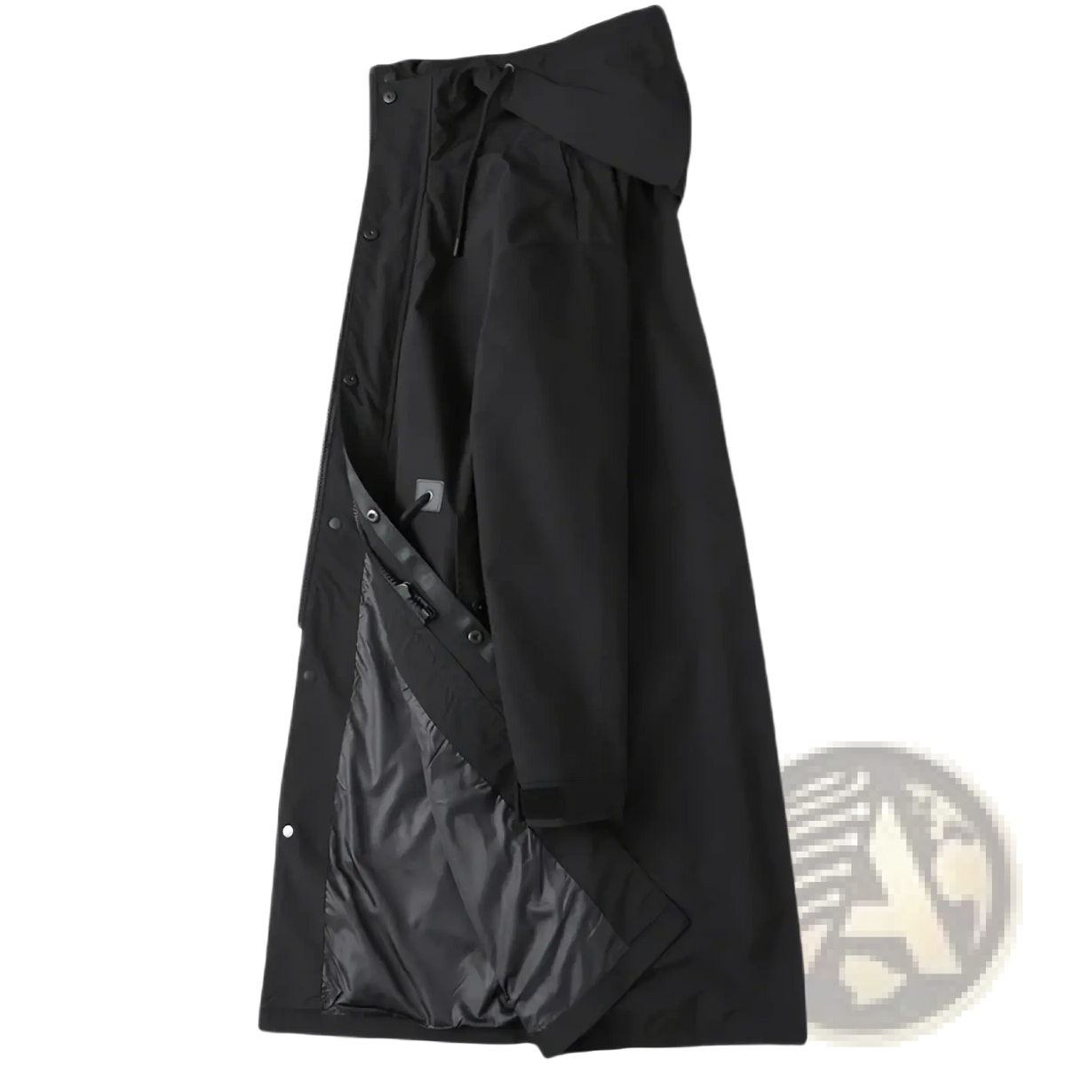 Men hooded trench coat in black with button closures and reflective inner lining for casual spring windbreaker use