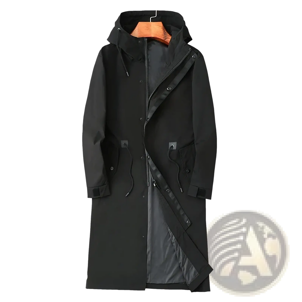 Men hooded trench coat in black matte finish with zippered front and drawstring pockets for casual spring wear