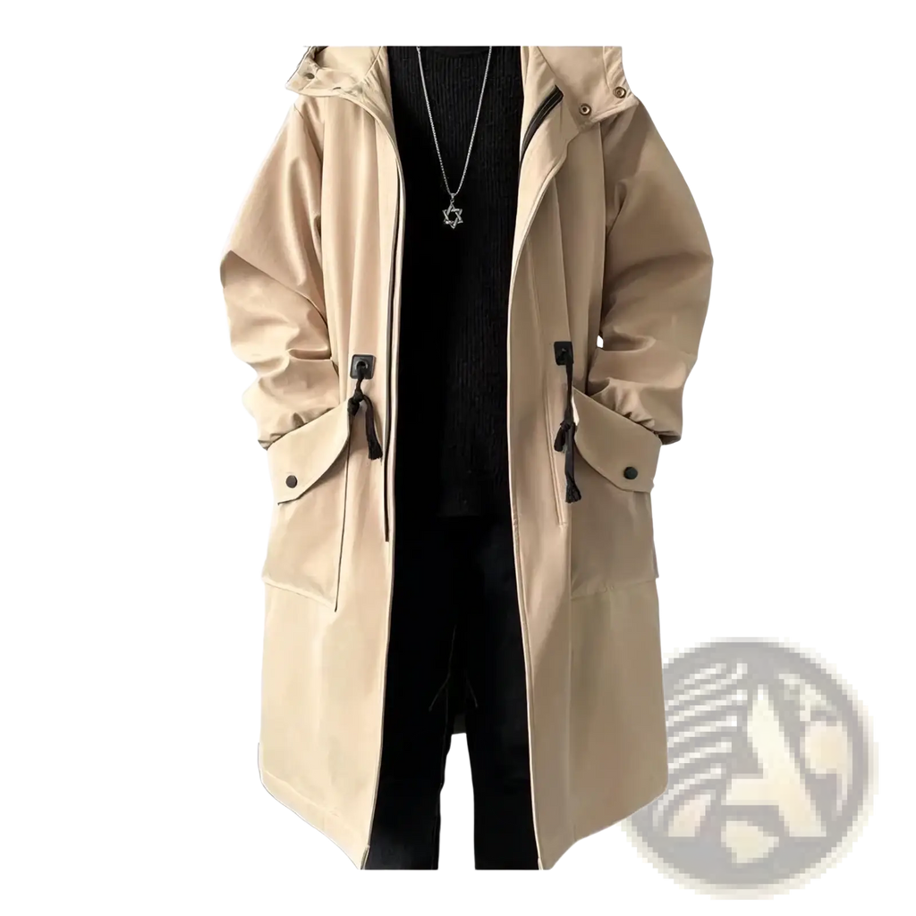Beige men hooded trench coat casual windbreaker jacket with black drawstring pockets and zipper closures