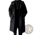 Men hooded trench coat casual windbreaker jacket in black with silver button details and front zipper closure