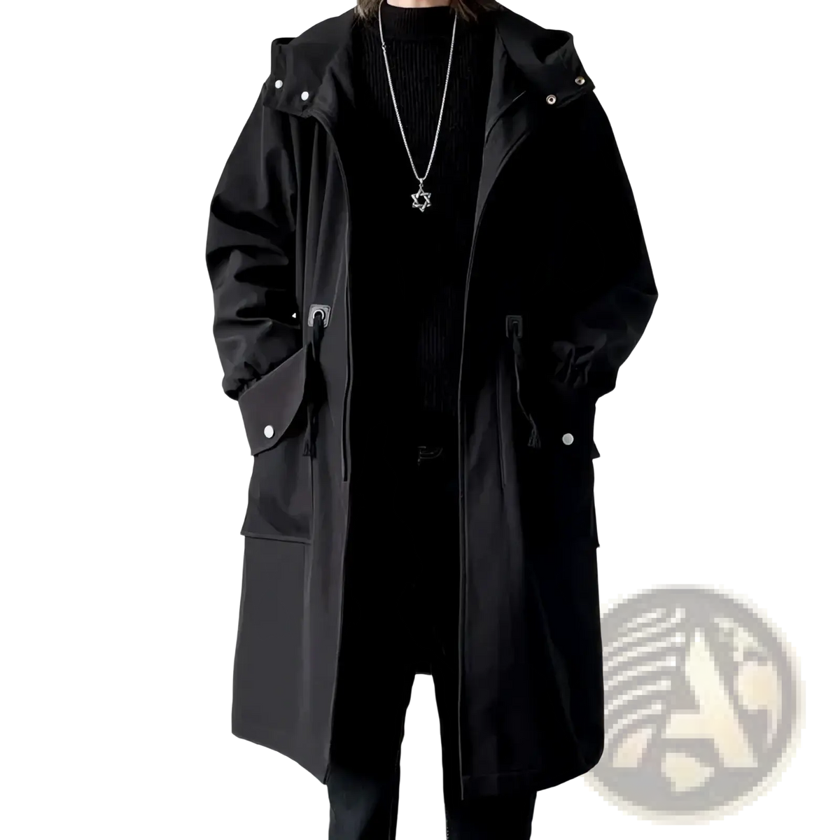 Men hooded trench coat casual windbreaker jacket in black with silver button details and front zipper closure