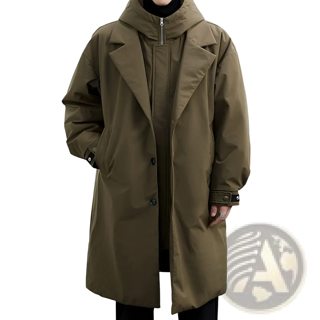 Men hooded trench coat in olive green with front zipper, button closures, and adjustable cuffs for winter wear