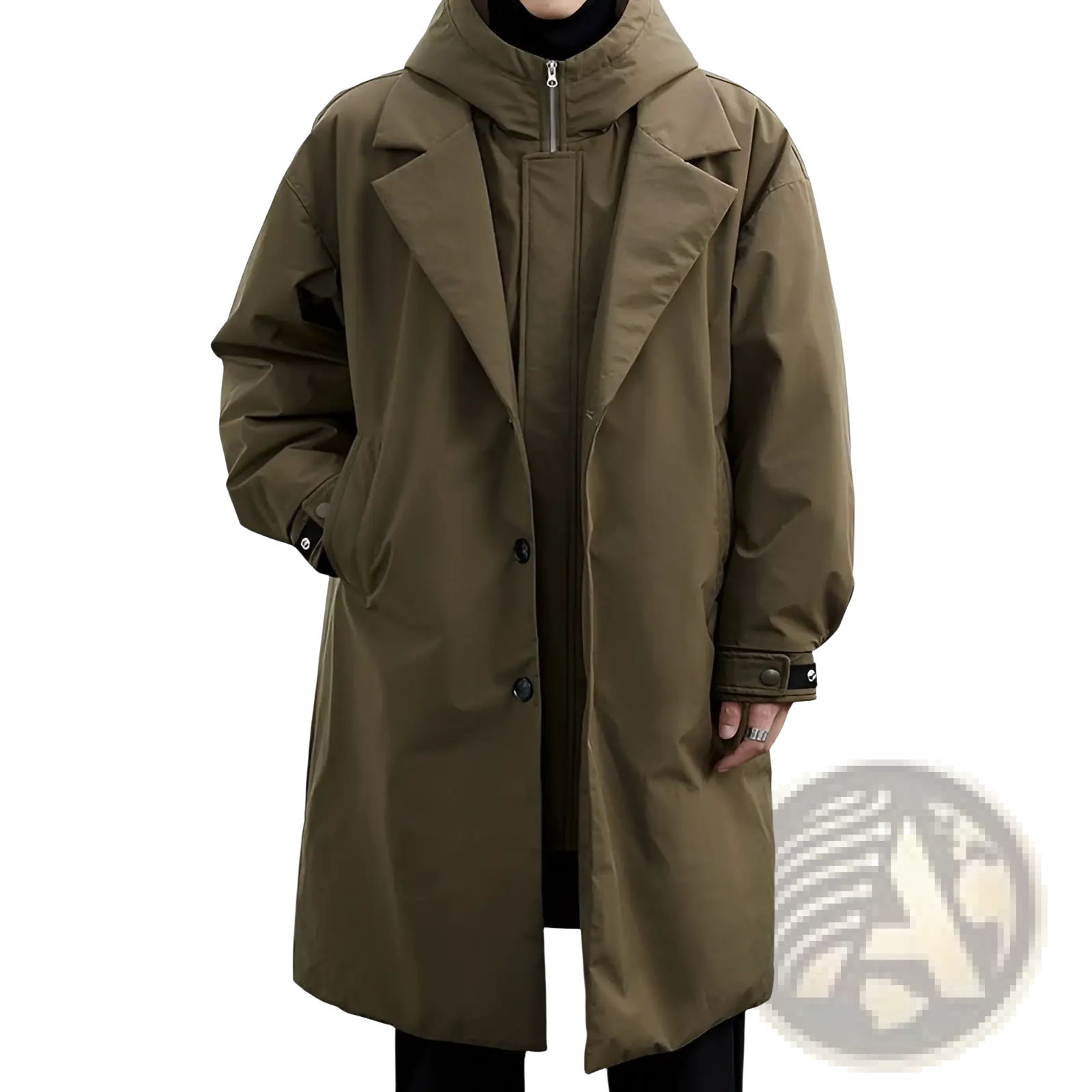 Men hooded trench coat in olive green with front zipper, button closures, and adjustable cuffs for winter wear