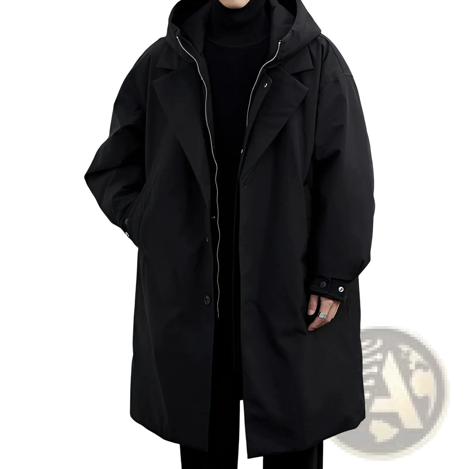 Men hooded trench coat in black with sleek minimalist design and silver zipper accents for winter wear
