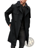 Men hooded trench coat slim fit black double breasted jacket with flap pockets and hood for stylish outerwear