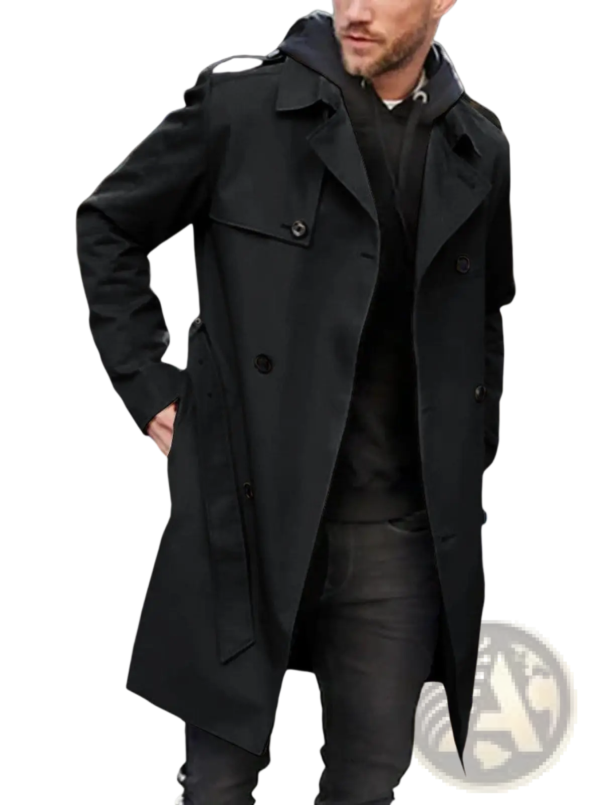 Men hooded trench coat slim fit black double breasted jacket with flap pockets and hood for stylish outerwear