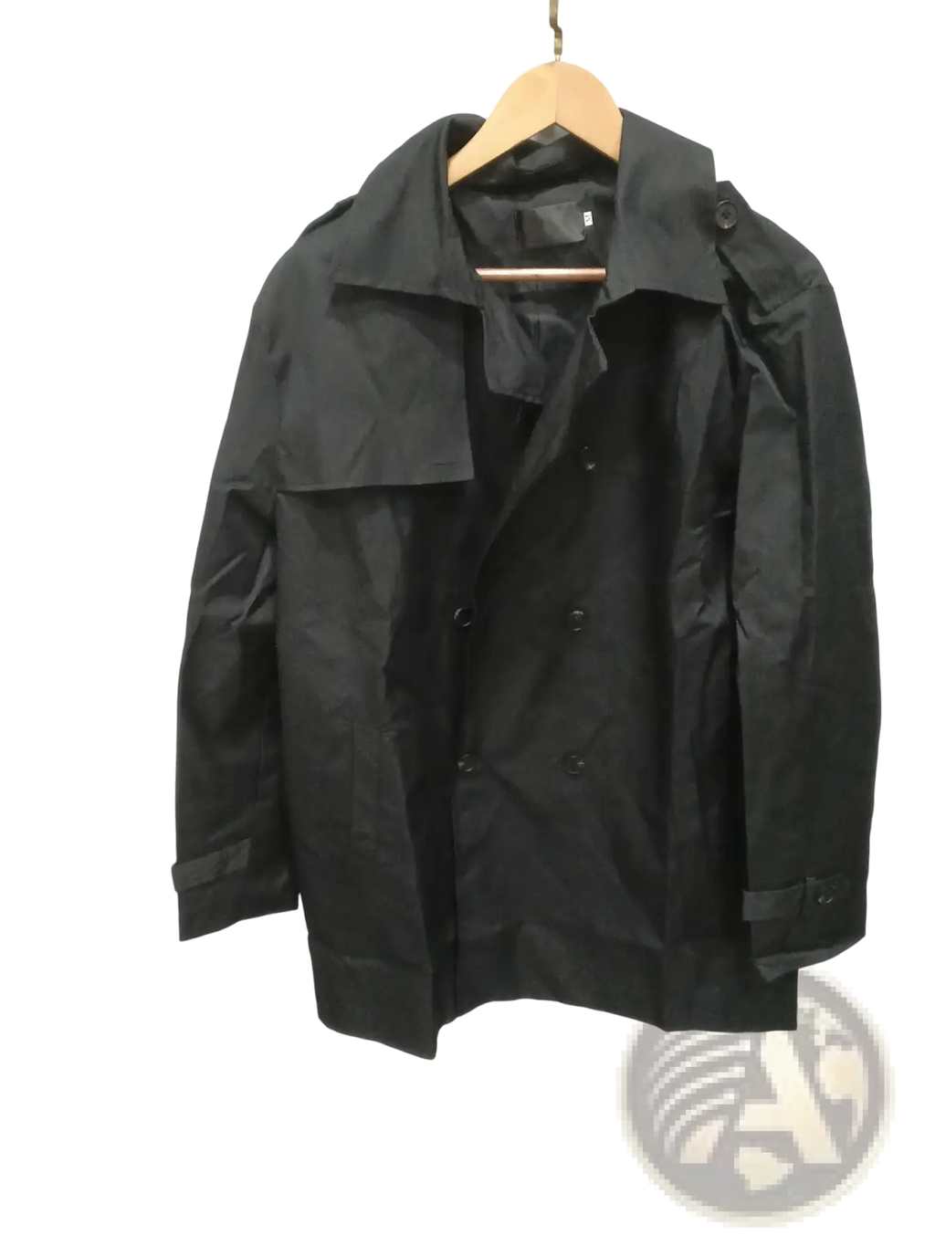 Black slim double breasted men’s hooded trench coat with structured collar and epaulets on wooden hanger