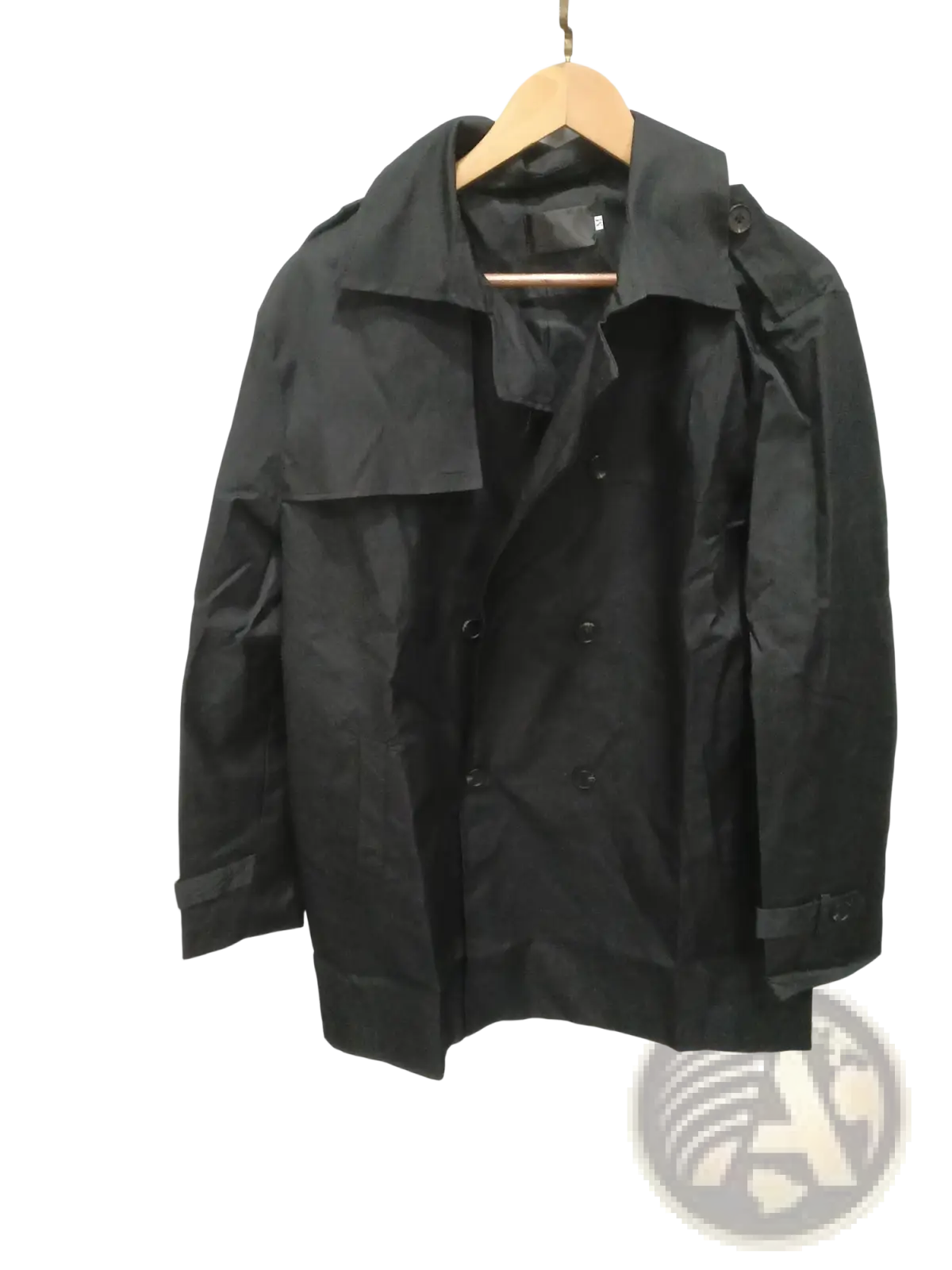 Black slim double breasted men’s hooded trench coat with structured collar and epaulets on wooden hanger