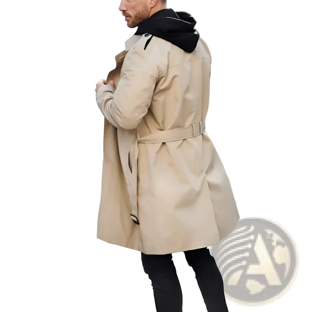 Men hooded trench coat slim double breasted jacket in beige with black hood and belt shown from the back side