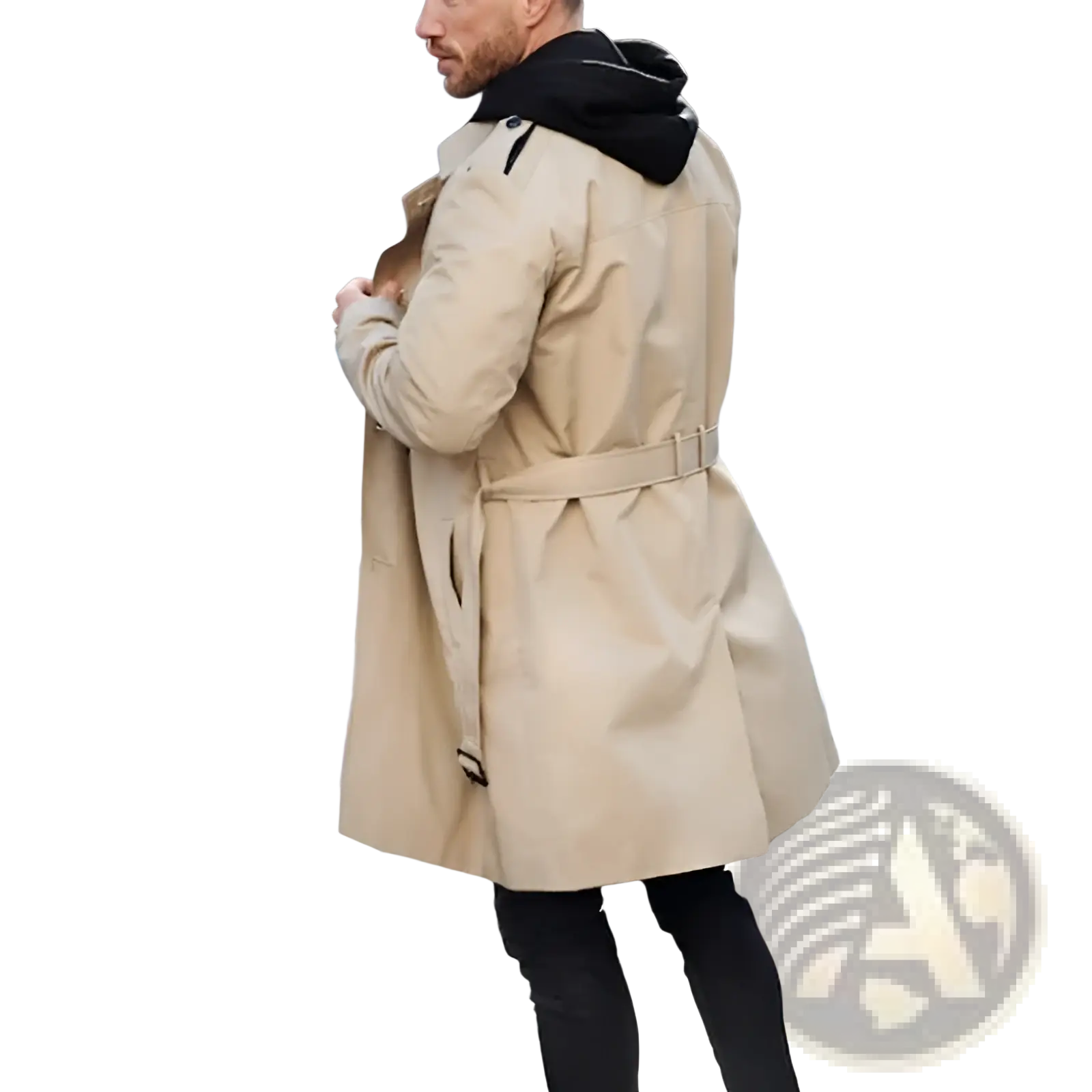 Men hooded trench coat slim double breasted jacket in beige with black hood and belt shown from the back side