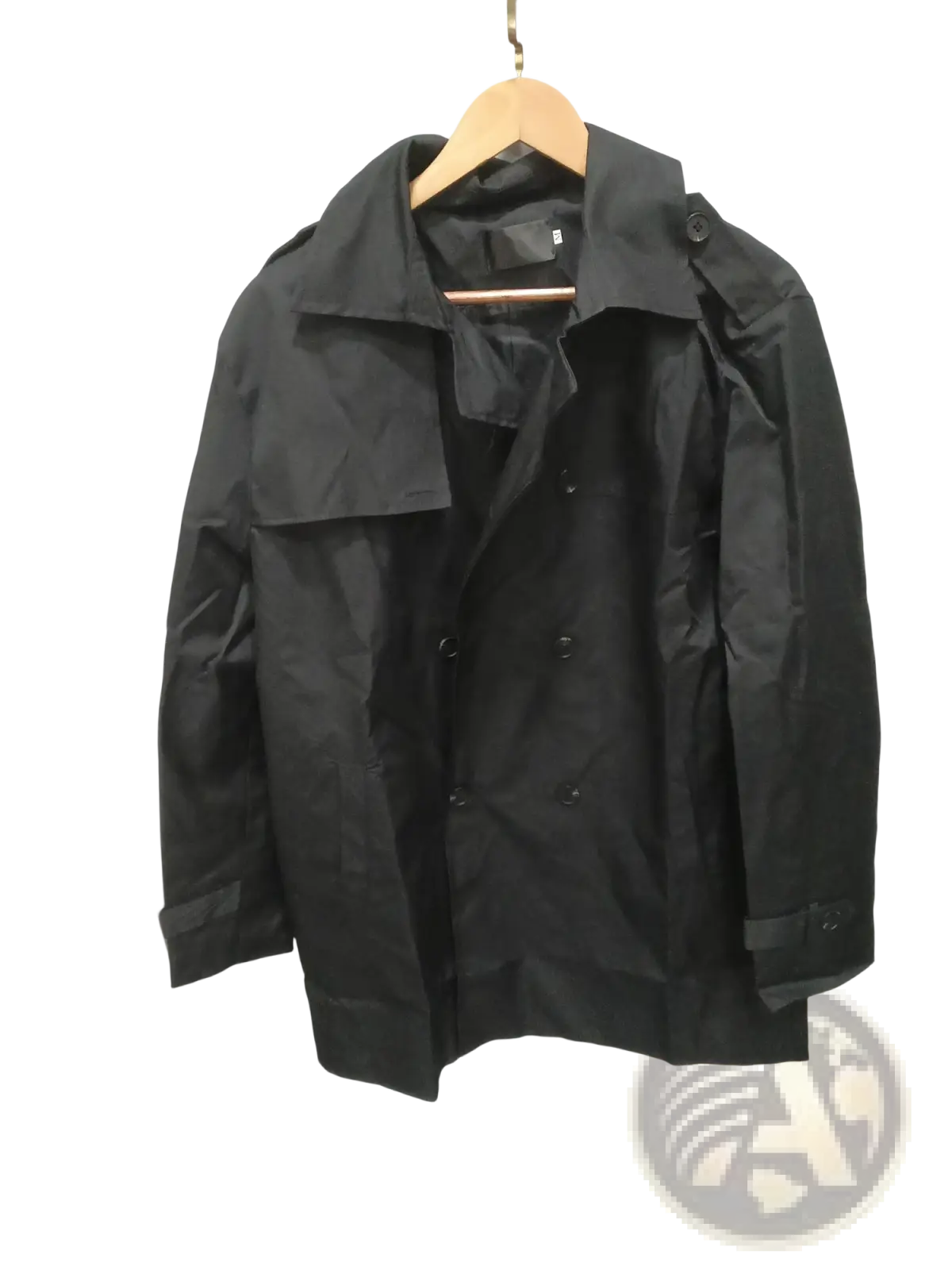 Men hooded trench coat slim double breasted black trench coat with structured collar and epaulets on wooden hanger