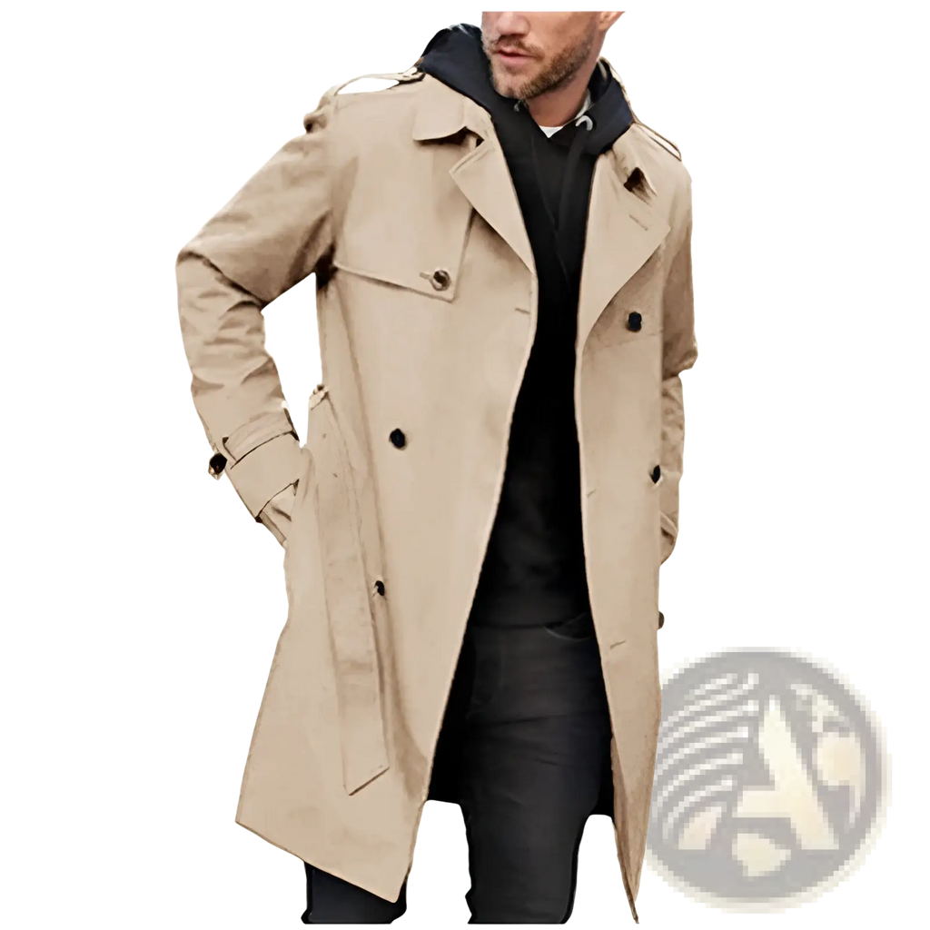 Men hooded trench coat slim double breasted jacket in beige with black buttons and hooded inner lining visible on front