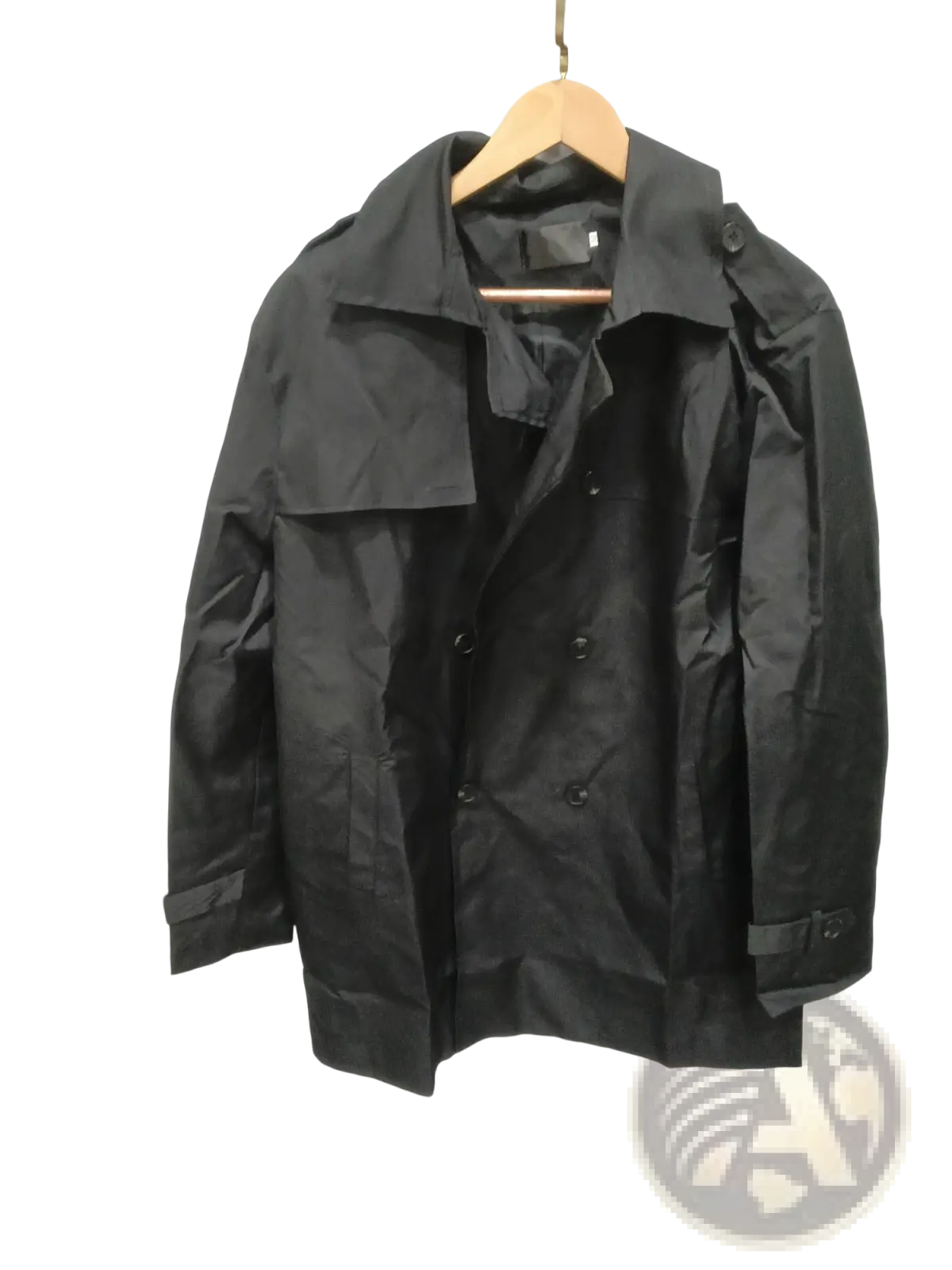 Men hooded trench coat slim double breasted black jacket with structured collar and buttoned cuffs on wooden hanger