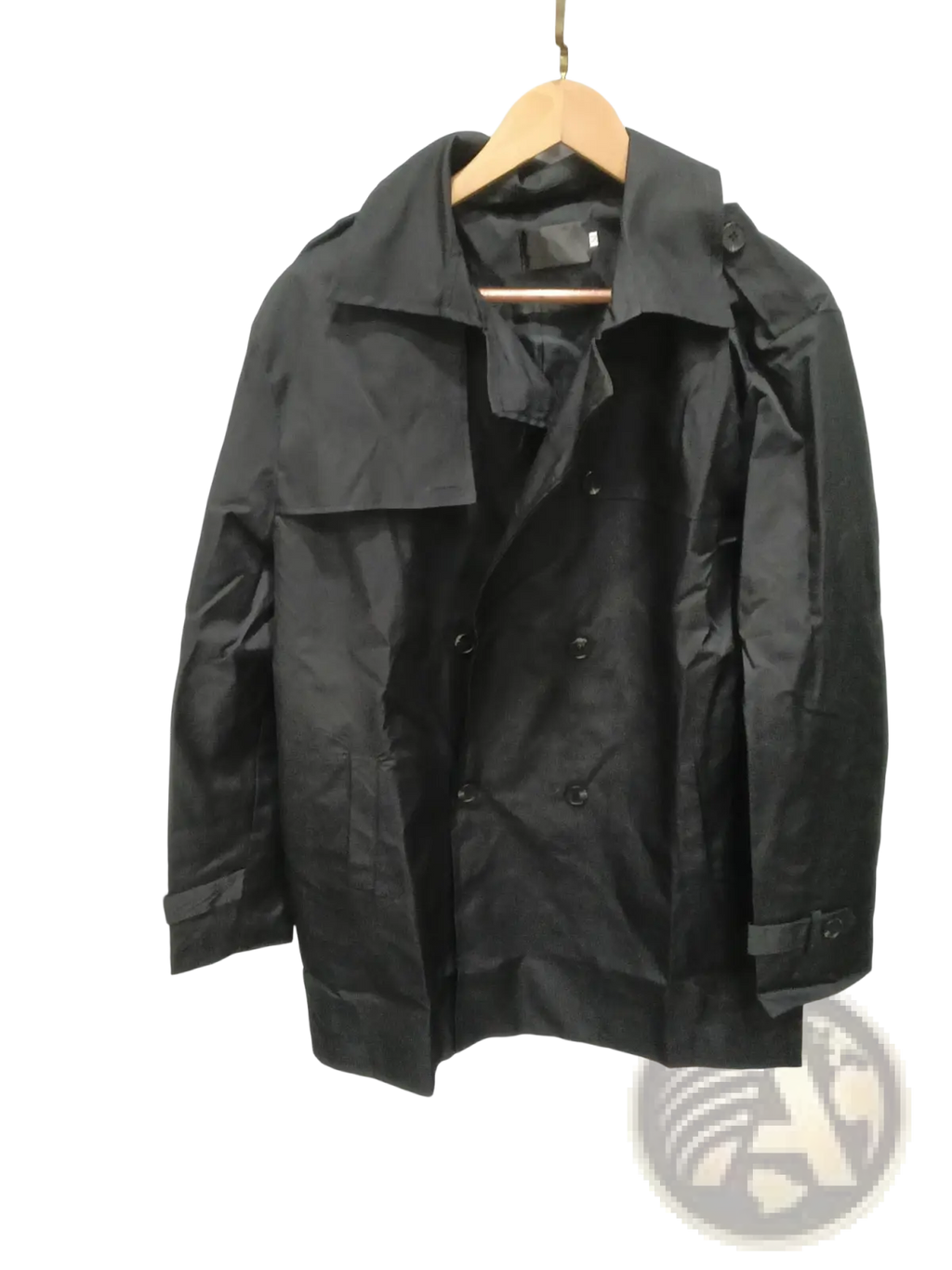 Men hooded trench coat slim double breasted black jacket with structured collar and buttoned cuffs on wooden hanger