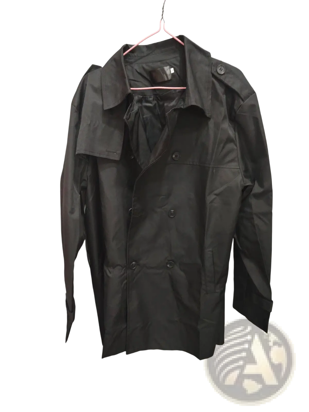 Men hooded trench coat slim double breasted jacket in black with matte finish and buttoned cuffs