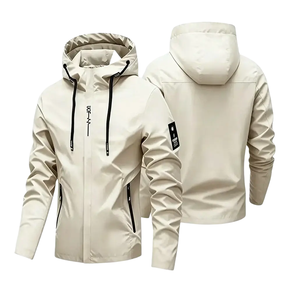 Beige waterproof men hooded windproof jacket with black drawstrings and zipper accents for outdoor sport use