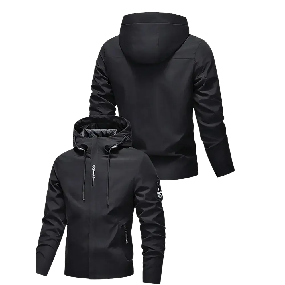 Men hooded windproof jacket in black with sleek modern design and subtle white logo for outdoor sports