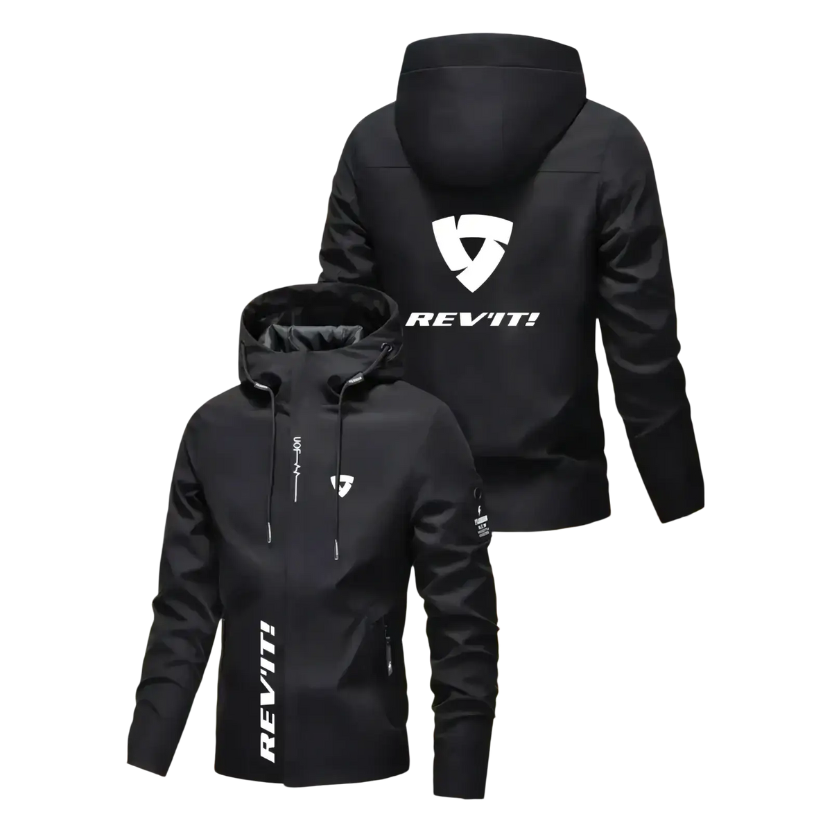 Back view of black rev’it men hooded windproof jacket with white logo and branding for outdoor sport use