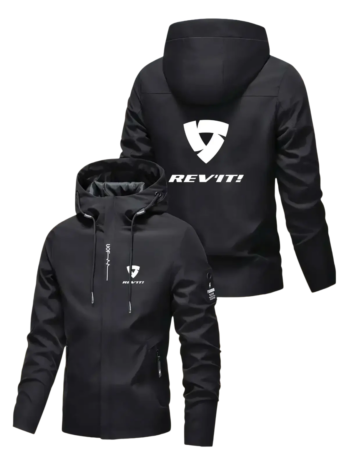 Black rev’it men hooded windproof jacket with white logo and zipper details for outdoor sport activities
