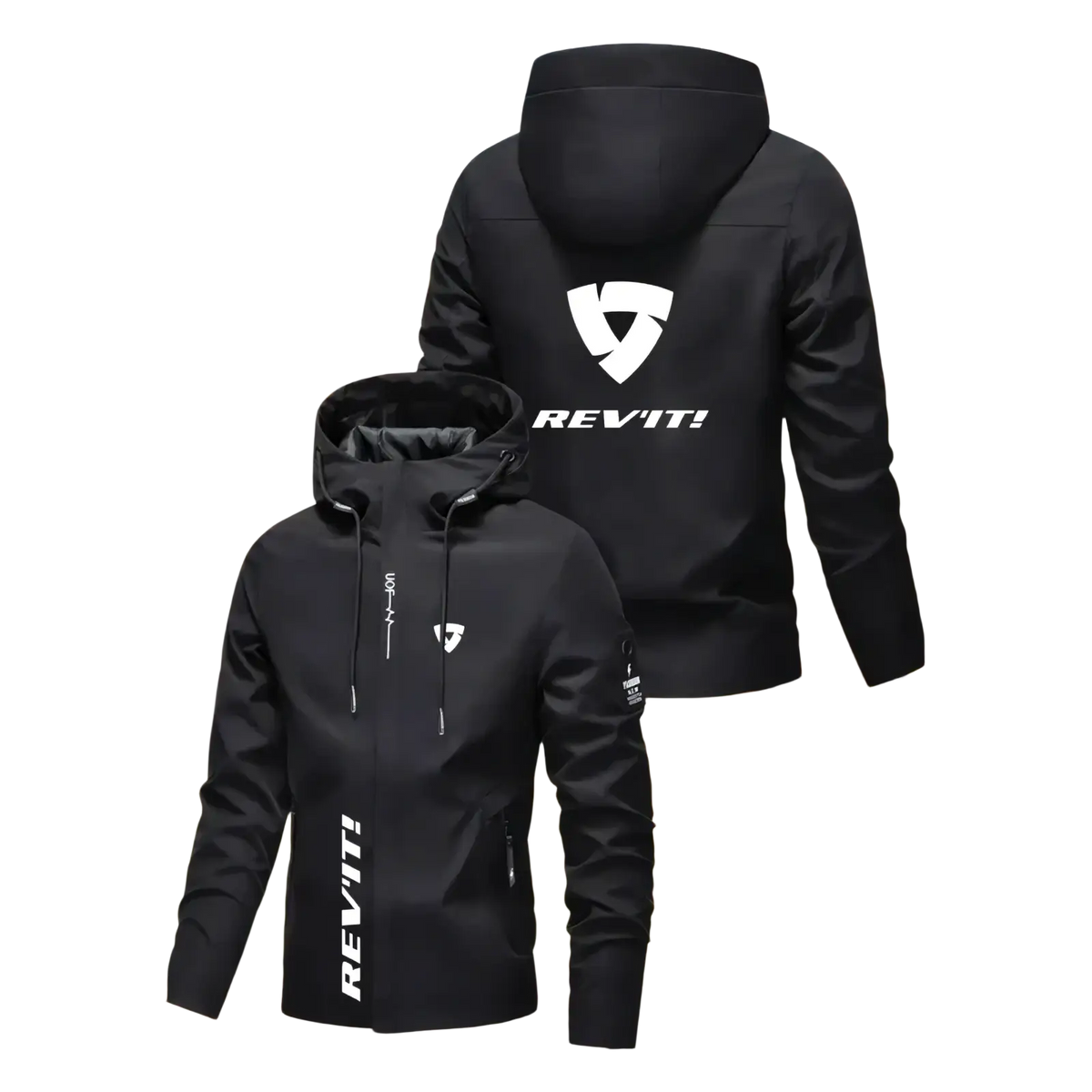 Black rev’it hooded windproof jacket with white logo and zipper details for men outdoor sportswear