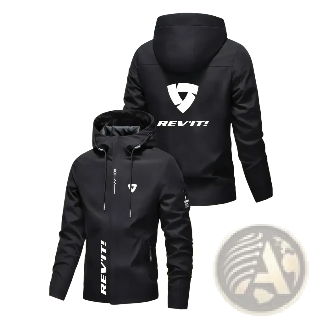 Black rev’it hooded windproof jacket with white logo and zipper details for men outdoor sportswear