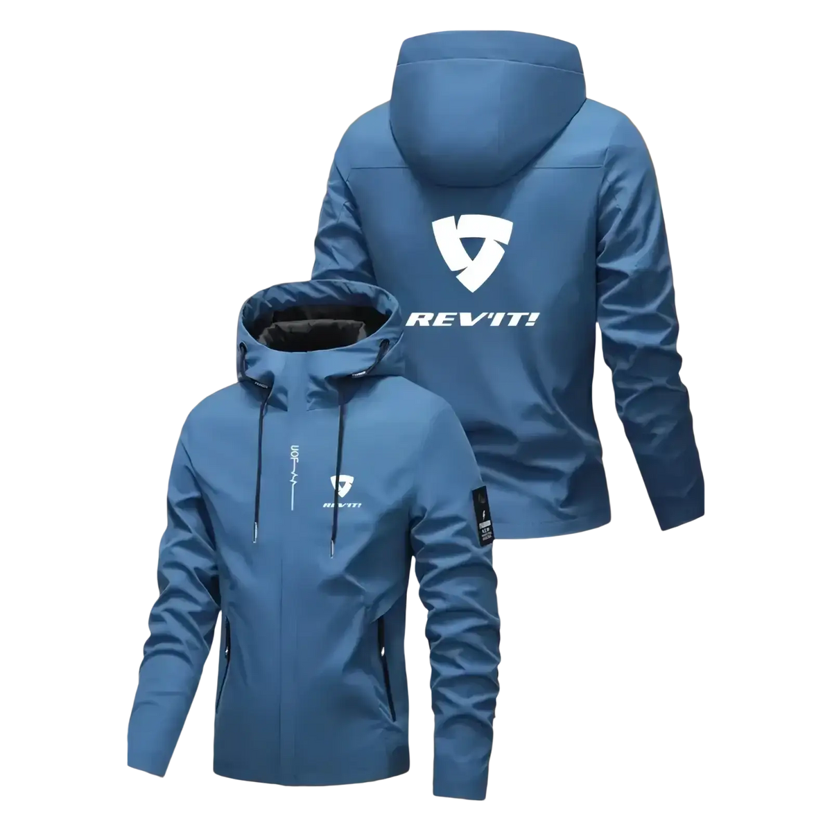 Blue rev’it men hooded windproof jacket with white logo and black zipper pulls for outdoor sport use