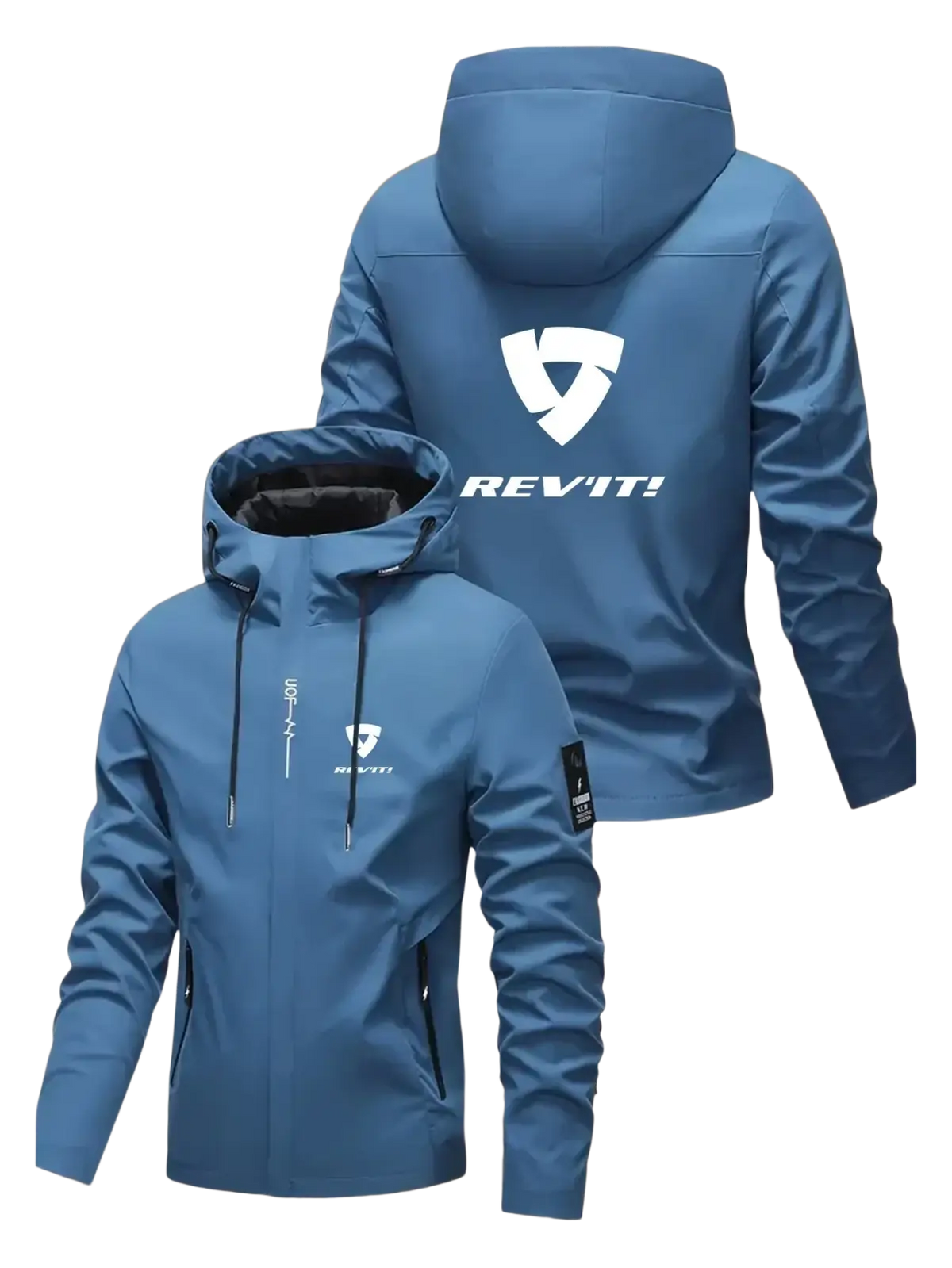 Blue rev’it men hooded windproof jacket with white logo and black zipper details for outdoor sport use