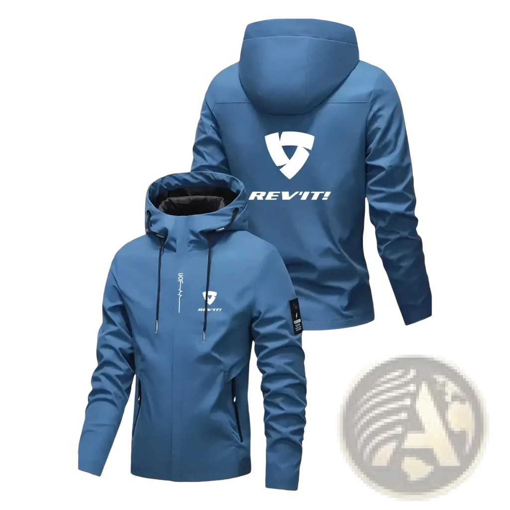 Men hooded windproof jacket by rev’it in blue with white logo and black zipper pulls for outdoor sport use