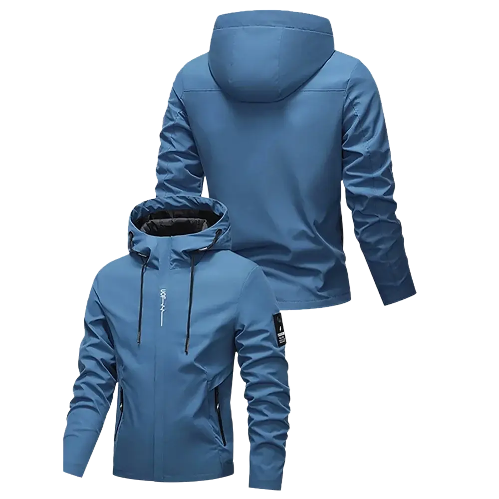 Men hooded windproof jacket in blue waterproof material with black zipper details and a logo patch on the sleeve