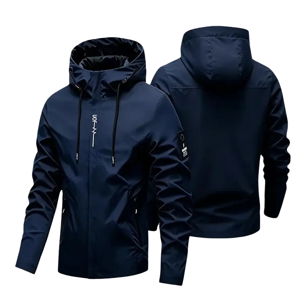 Men hooded windproof jacket in dark navy blue waterproof material with subtle white branding for outdoor sport