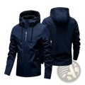 Men hooded windproof jacket in dark navy blue waterproof material with subtle white branding for outdoor sport