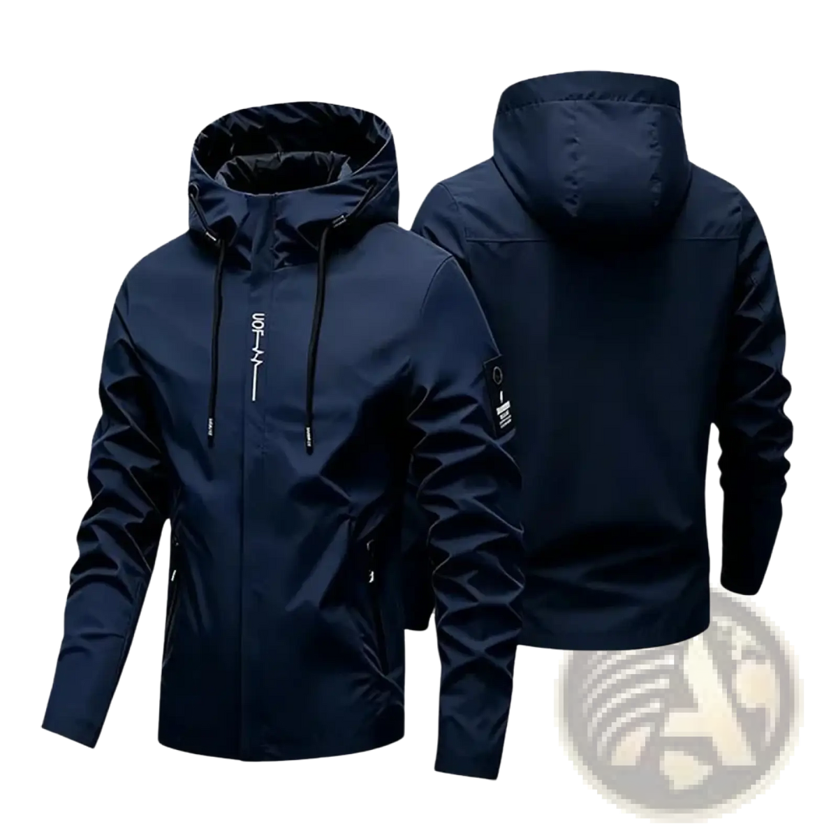 Men hooded windproof jacket in dark navy blue waterproof material with subtle white branding for outdoor sport