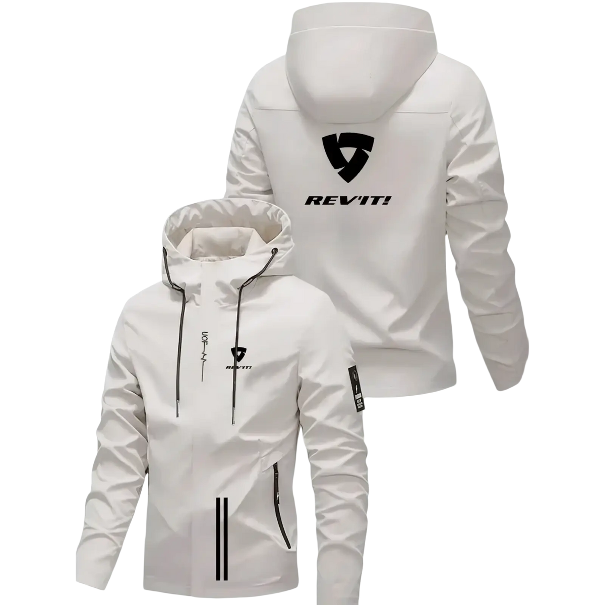 White rev’it men hooded windproof jacket with black logo and zipper accents for outdoor sport use