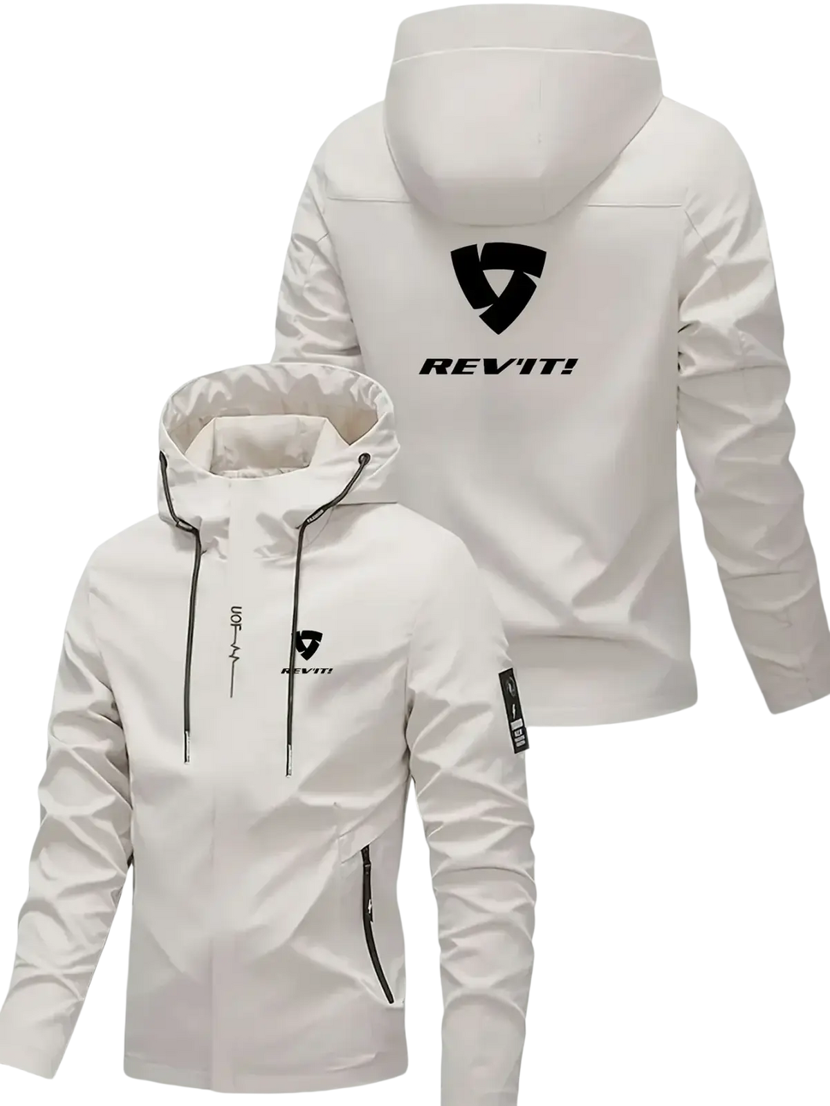White rev’it! men hooded windproof jacket with black logo and zipper accents for outdoor sport use