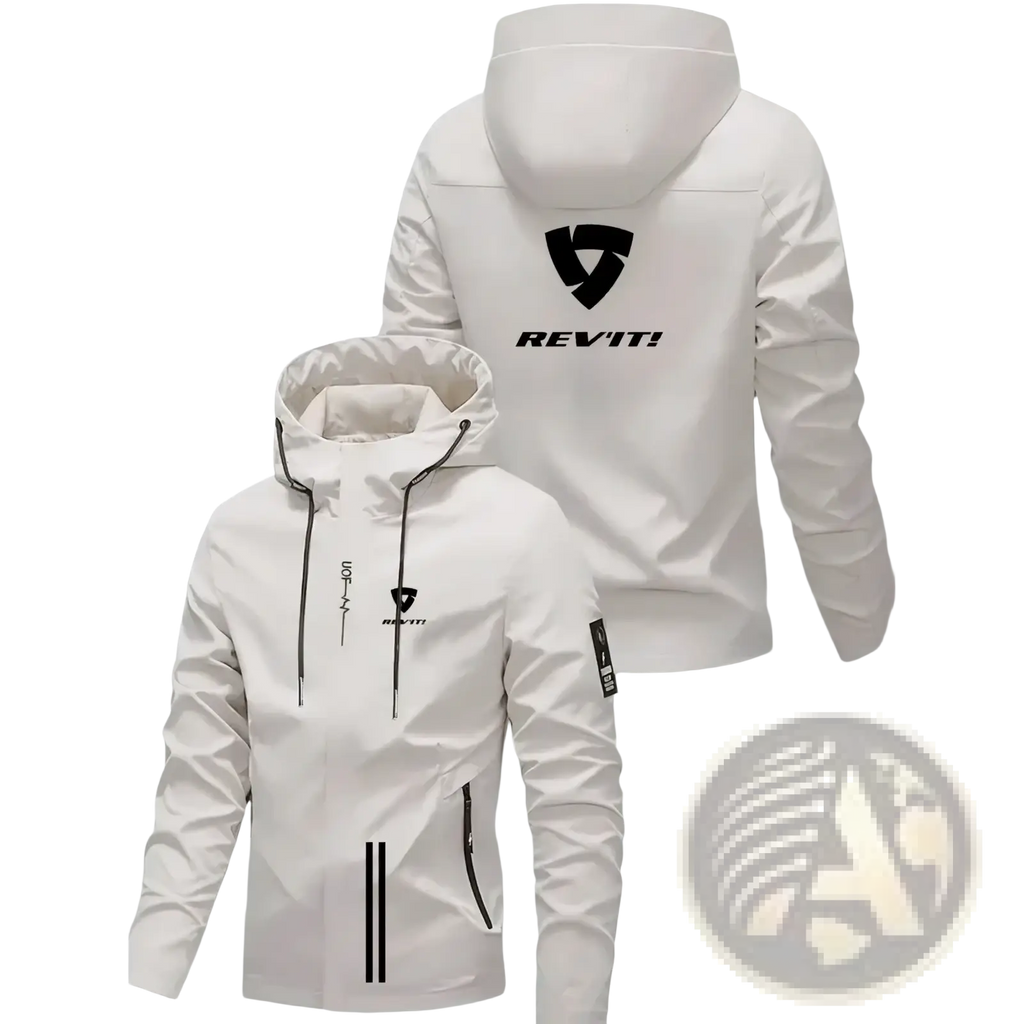 White rev’it! men hooded windproof jacket with black logo and zipper accents for outdoor sport use