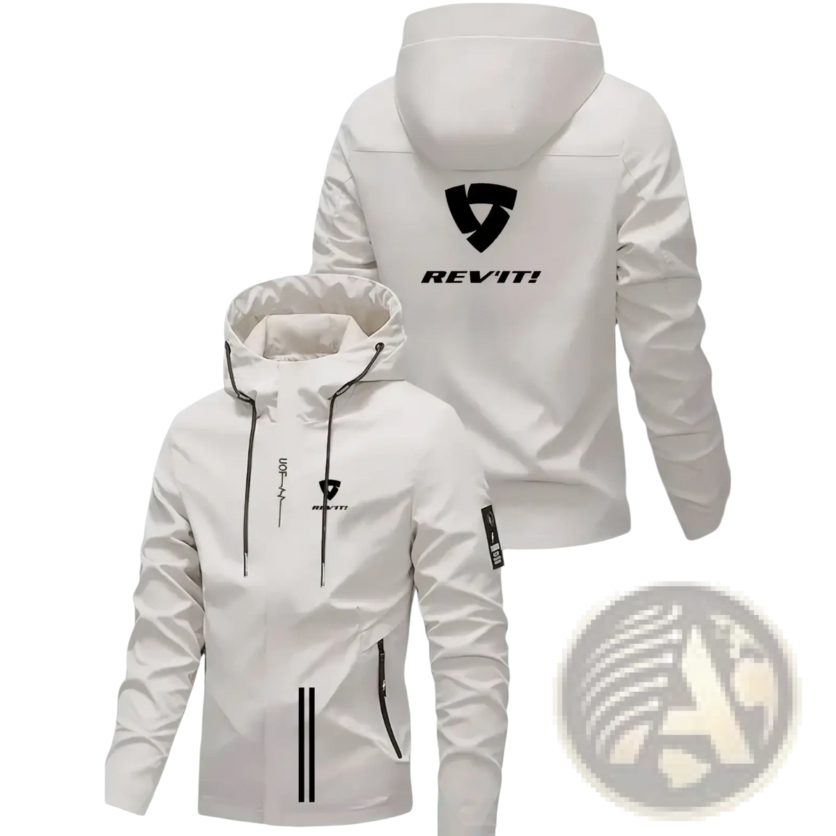 White rev’it! men hooded windproof jacket with black logo and zipper accents for outdoor sport use