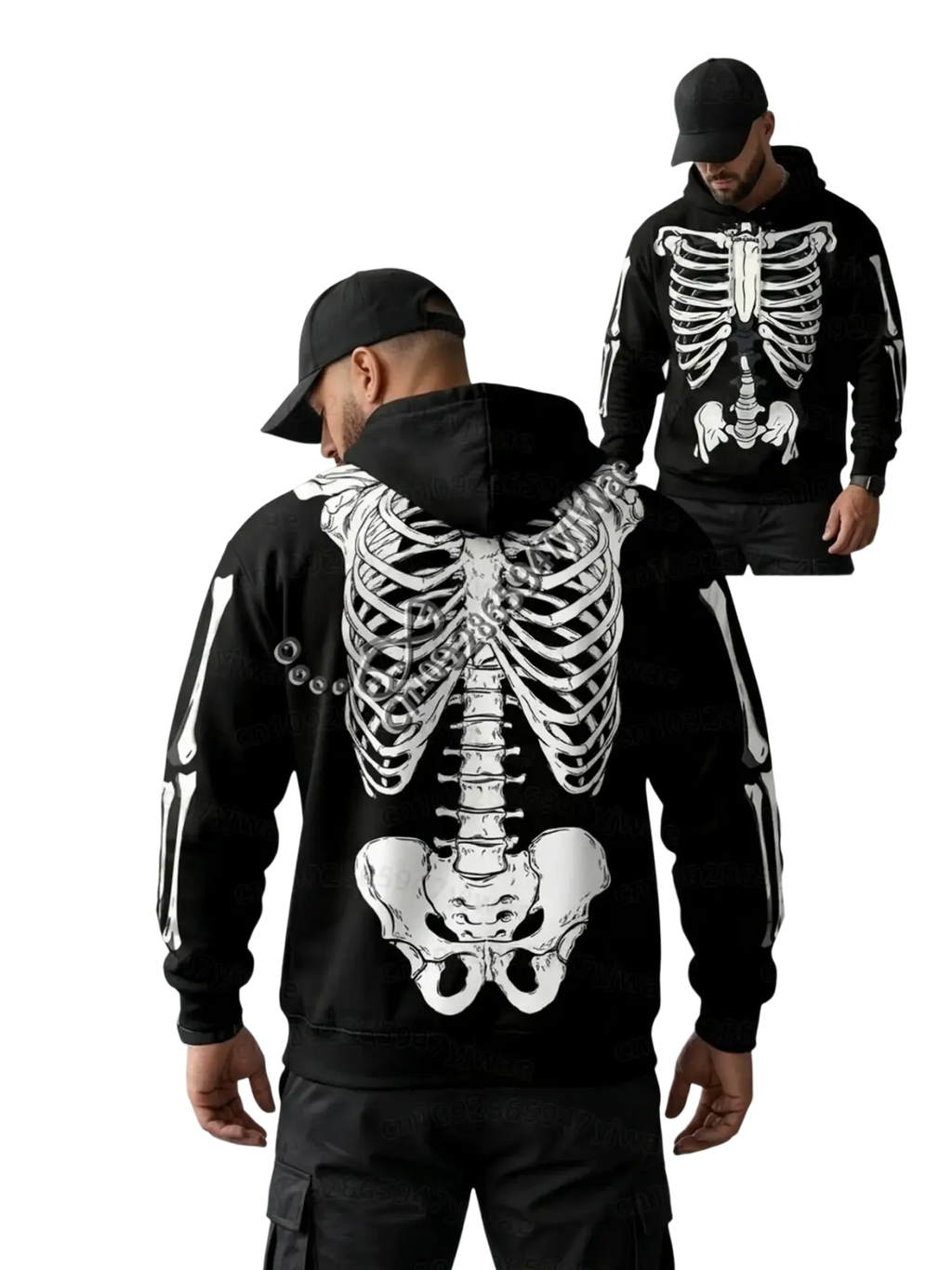 Black long sleeve hoodie featuring a detailed white skeleton graphic on the back and sleeves with realistic bone outlines