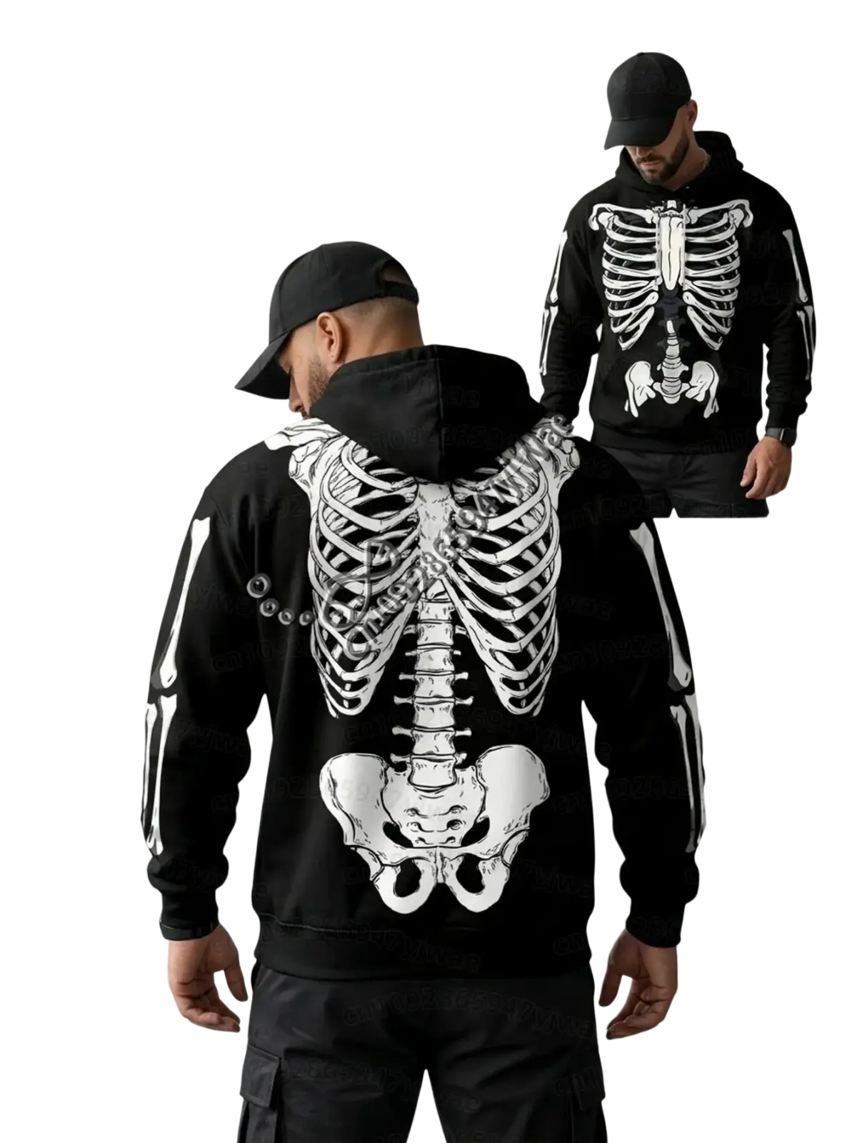 Black long sleeve hoodie featuring a detailed white skeleton graphic on the back and sleeves with realistic bone outlines