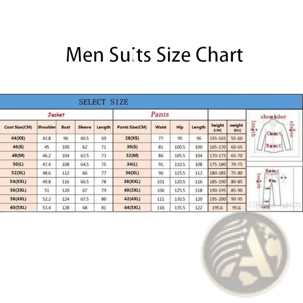 Men houndstooth slim fit double breasted suit set size chart showing jacket and pants measurements for various sizes