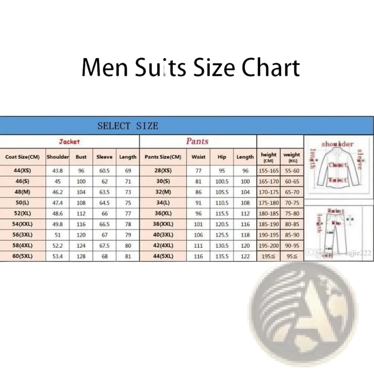 Men houndstooth slim fit double breasted suit set size chart showing jacket and pants measurements for various sizes
