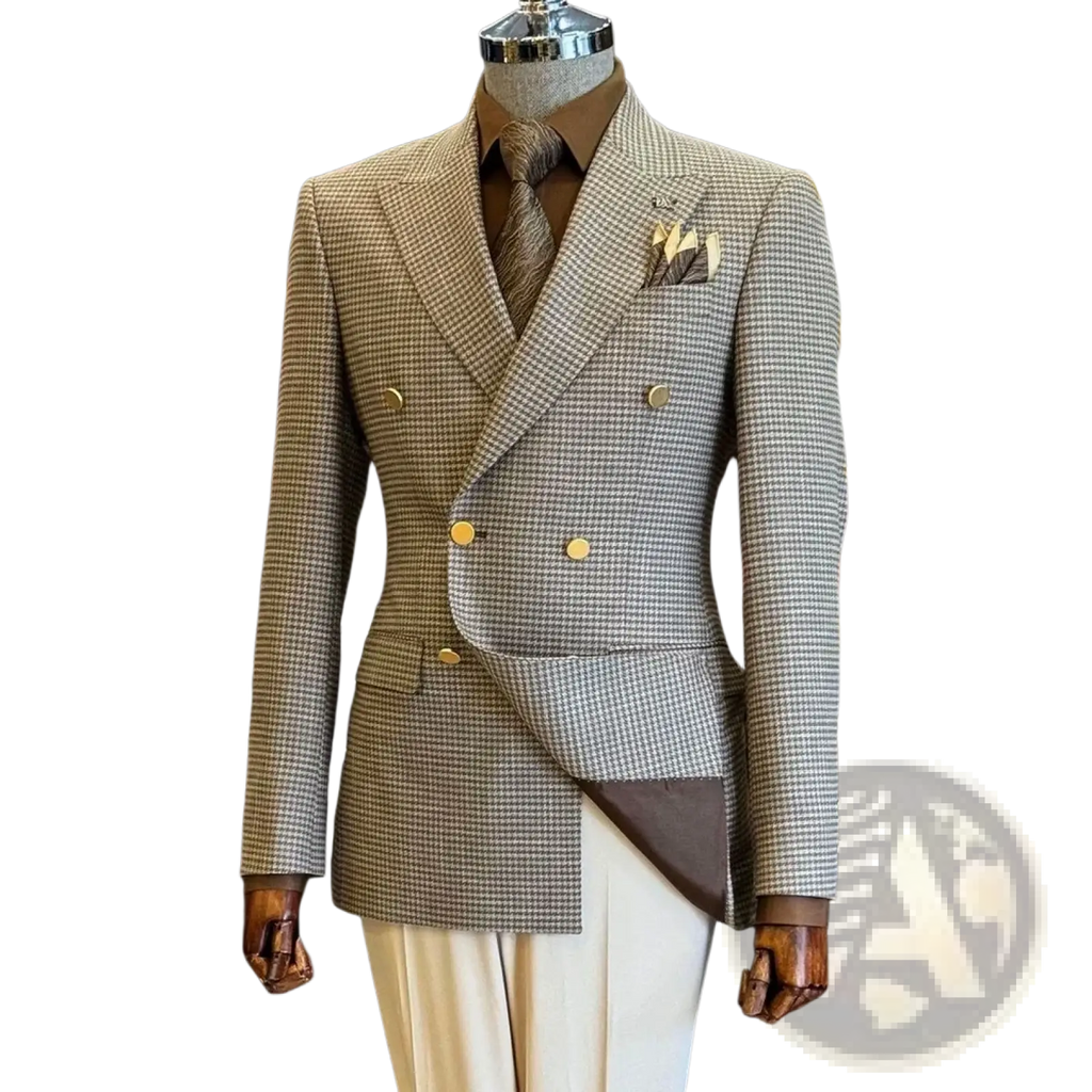 Men houndstooth slim fit double breasted suit jacket in beige and black with gold toned buttons