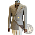 Men houndstooth slim fit double breasted suit jacket in beige and black with gold toned buttons