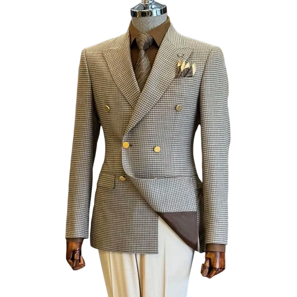 Men houndstooth slim fit double breasted suit jacket in beige and black with gold toned buttons