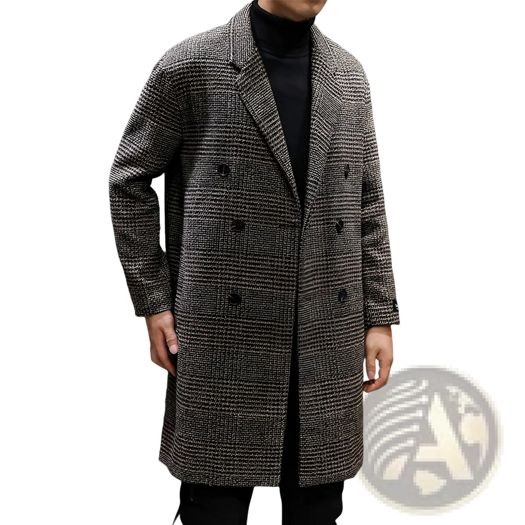 Men houndstooth wool double breasted overcoat in gray and black herringbone with dark buttons and classic collar