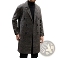 Men houndstooth wool double breasted overcoat in gray and black herringbone with dark buttons and classic collar