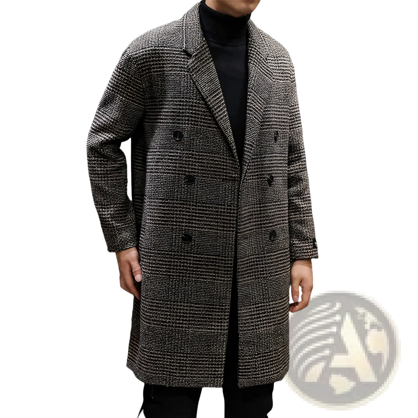Men houndstooth wool double breasted overcoat in gray and black herringbone with dark buttons and classic collar