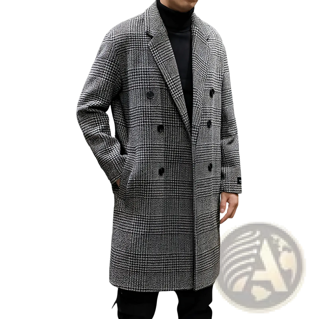 Men houndstooth wool double breasted overcoat in classic gray and black with a tailored fit and warm material