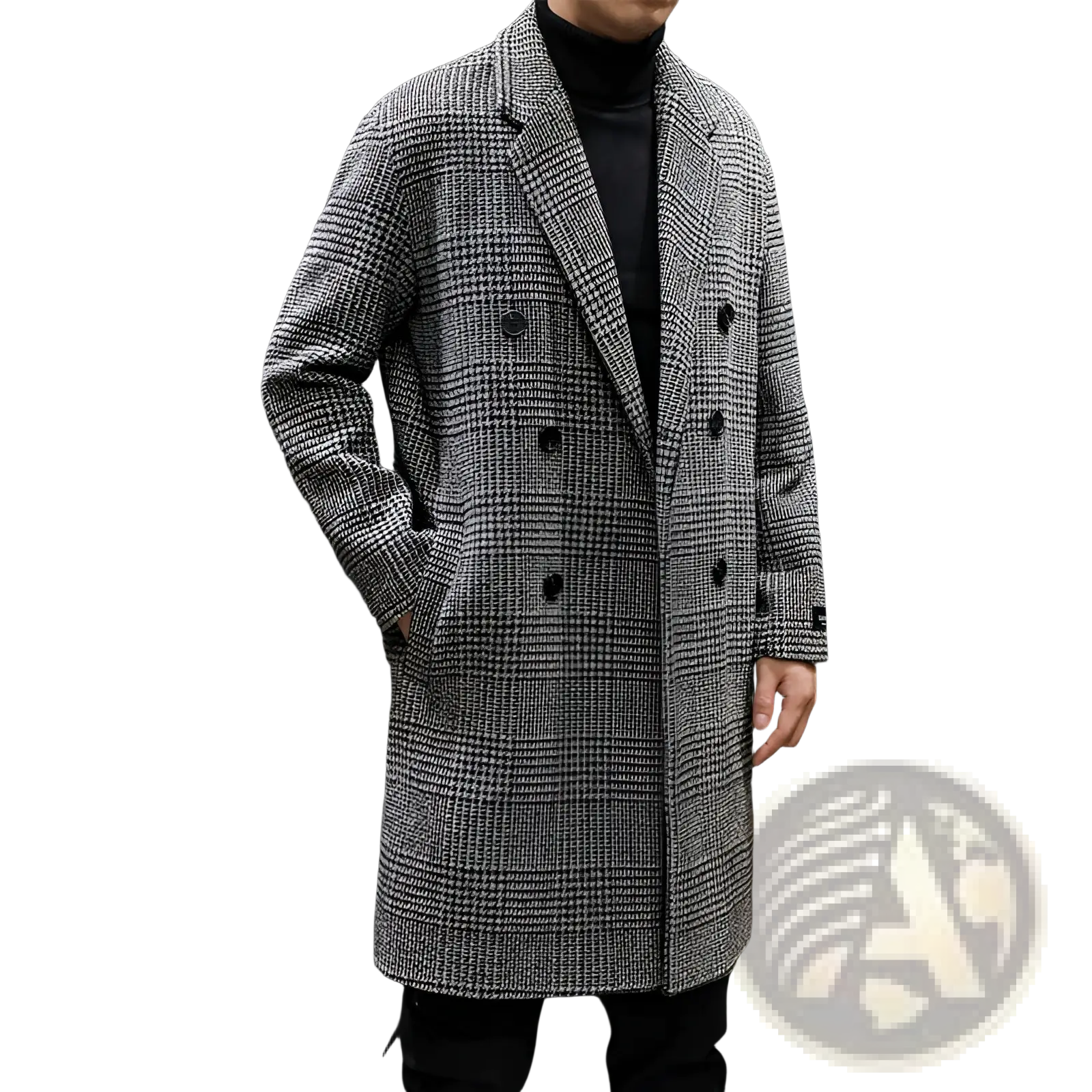 Men houndstooth wool double breasted overcoat in classic gray and black with a wool houndstooth pattern