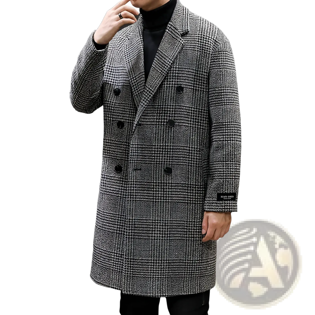 Men houndstooth wool double breasted overcoat in stylish gray and black with a classic tailored design
